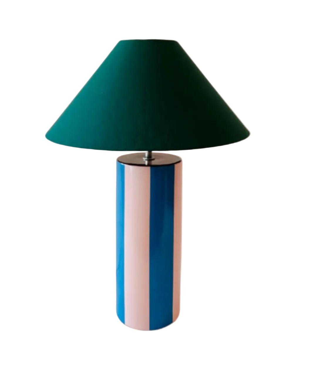 Table lamp with a green shade and blue cylindrical base on a white background