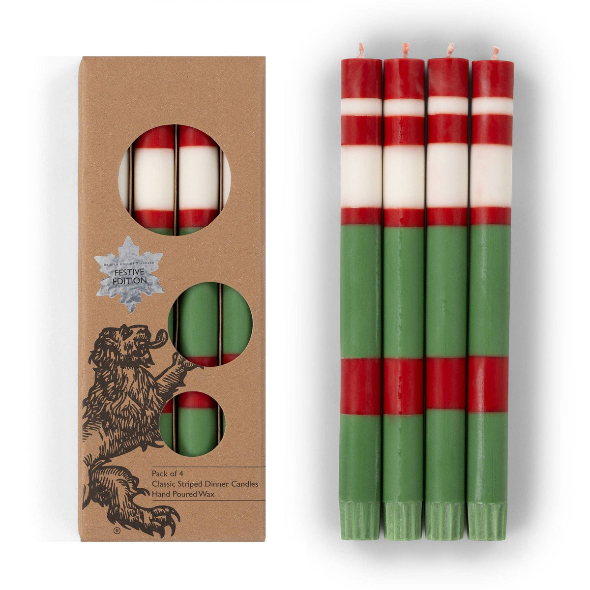 Striped Holiday Dinner Candles – Red & Green, Set of 4