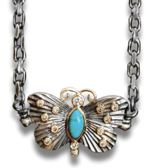 Turquoise & Diamond Butterfly Chain Necklace