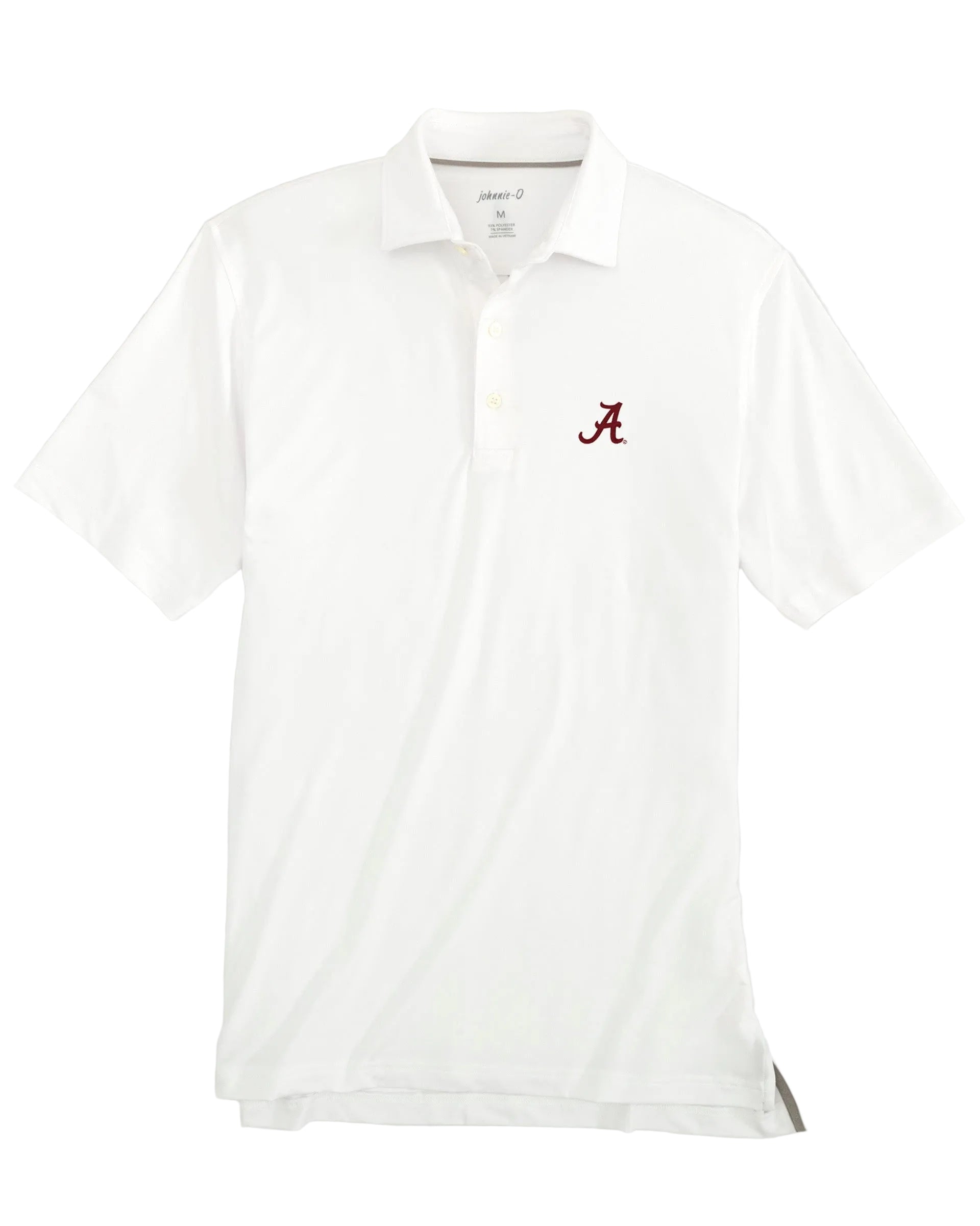 A white, short-sleeved Alabama polo with the university's red logo embroidered on the front left chest and a Johnnie-O logo on the back yoke.