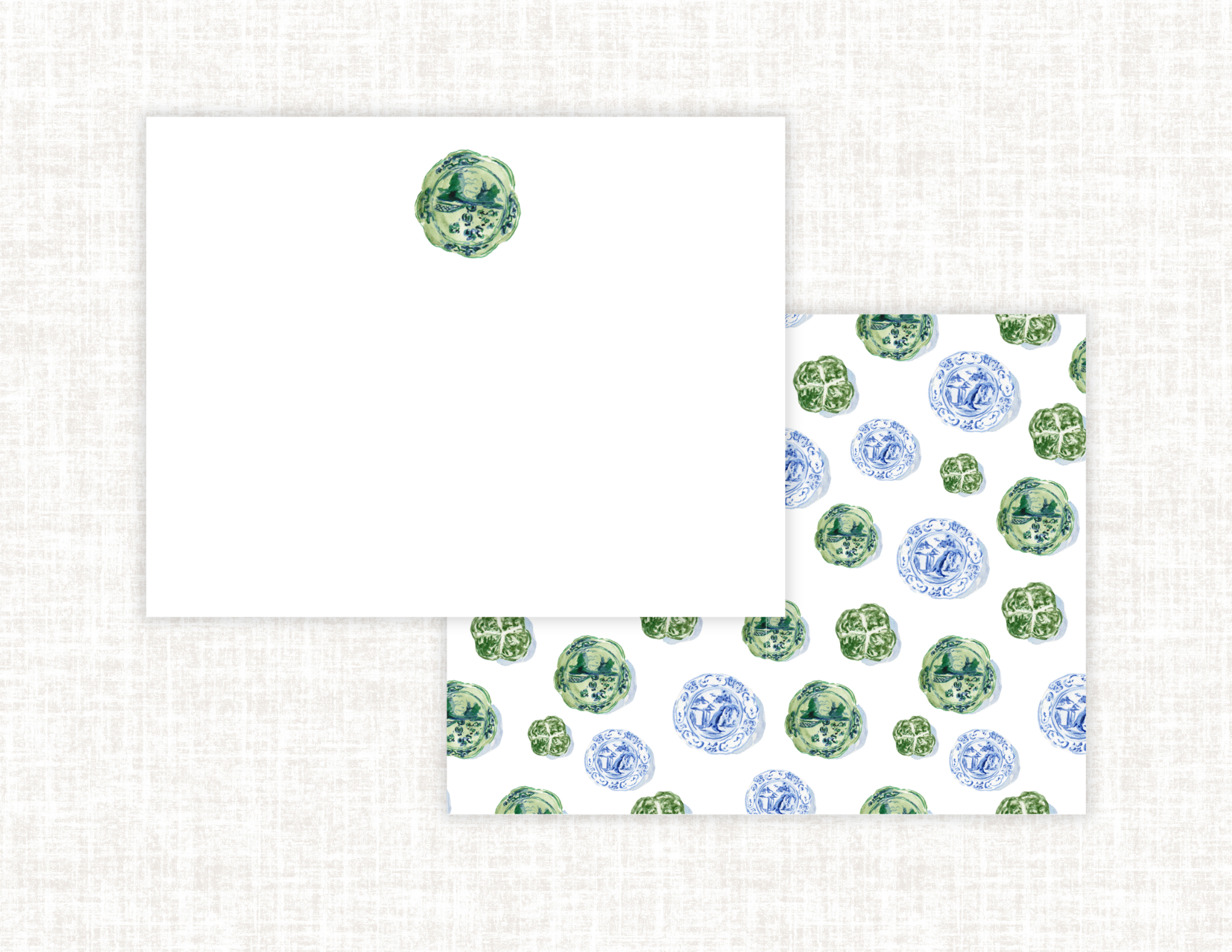 Set of stationery items with green and blue circular patterns on a textured white background