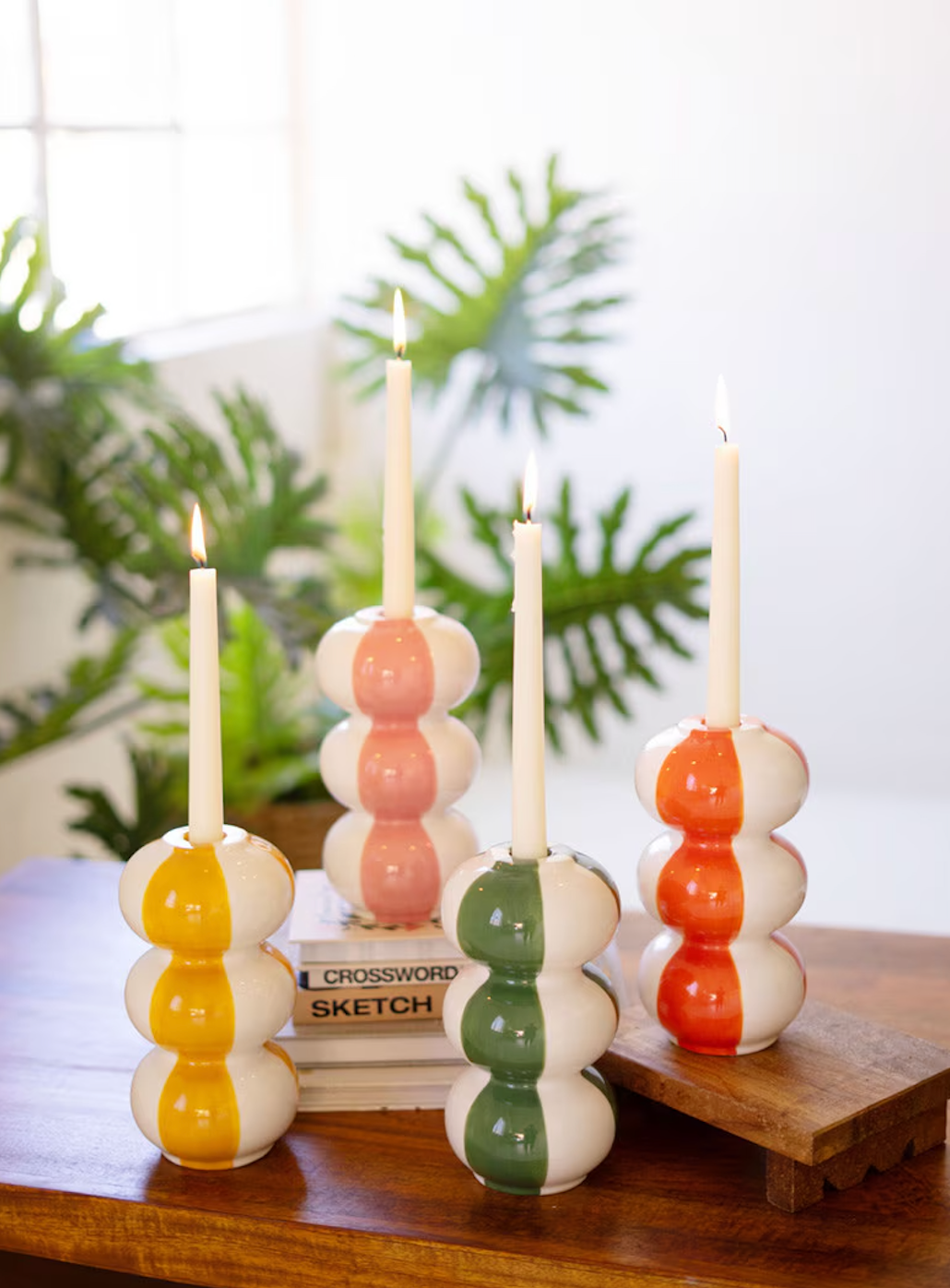 Set of Two Ceramic Striped Taper Candle Holders