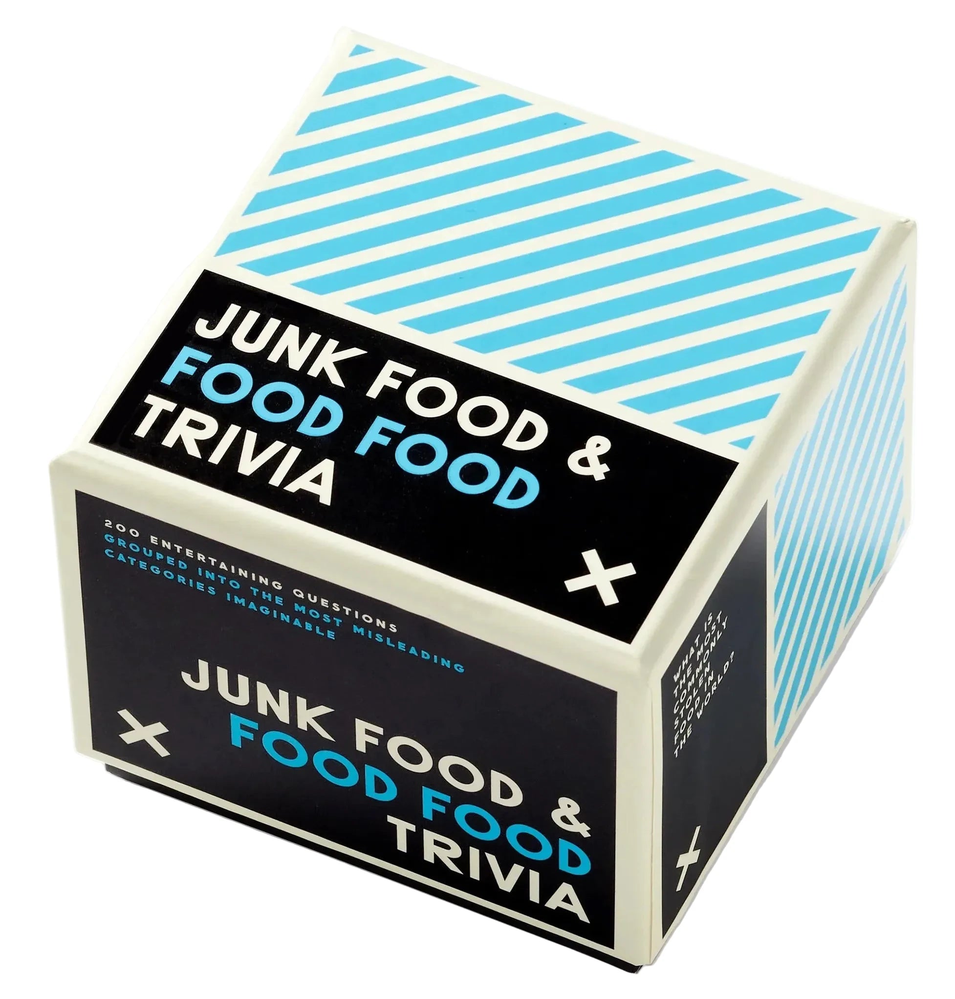 Cube-shaped box with 'Junk Food & Food Food Trivia' text on a white background
