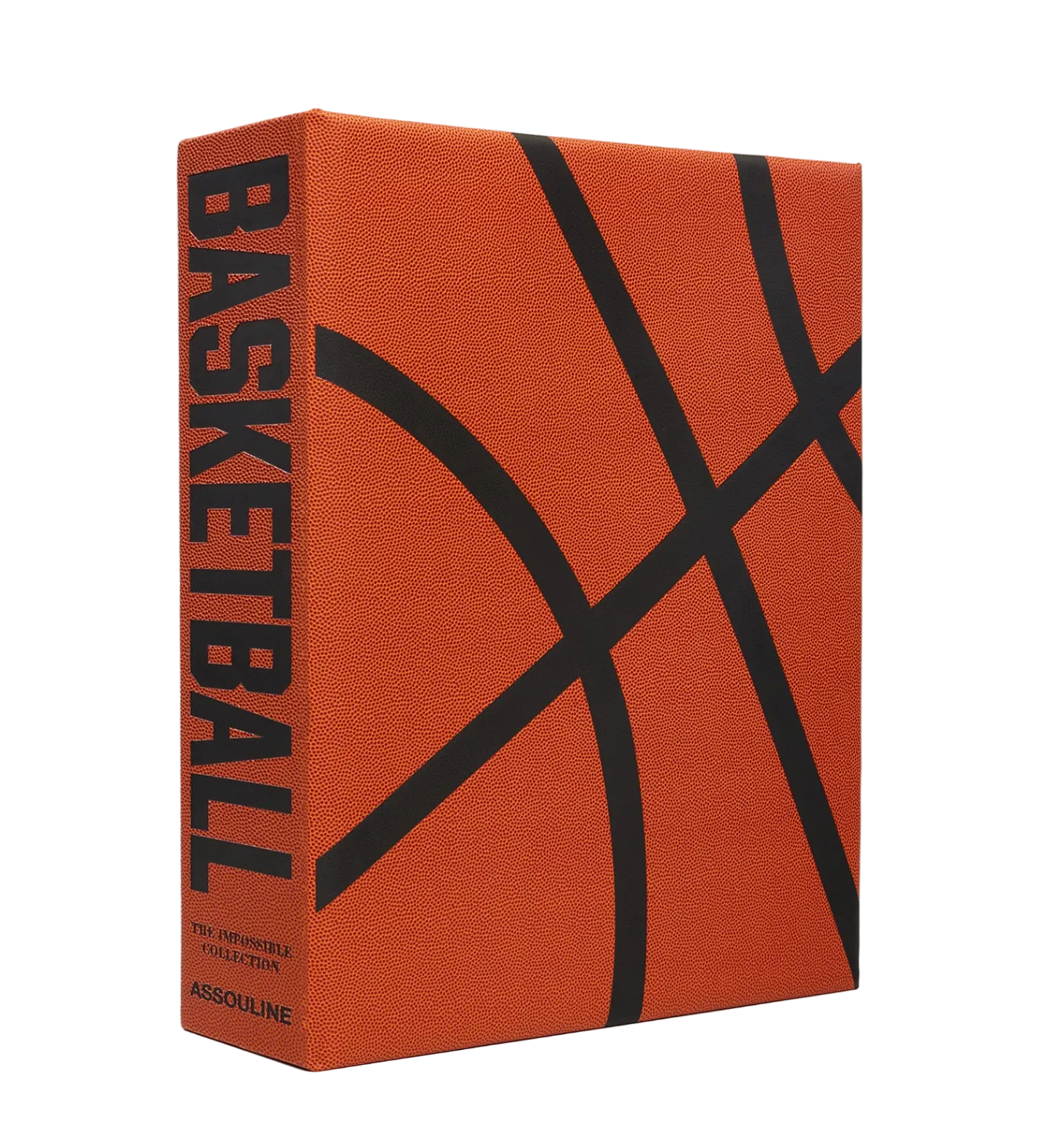 A book titled 'BASKETBALL' with a graphic design resembling a basketball on the cover, published by Assouline.