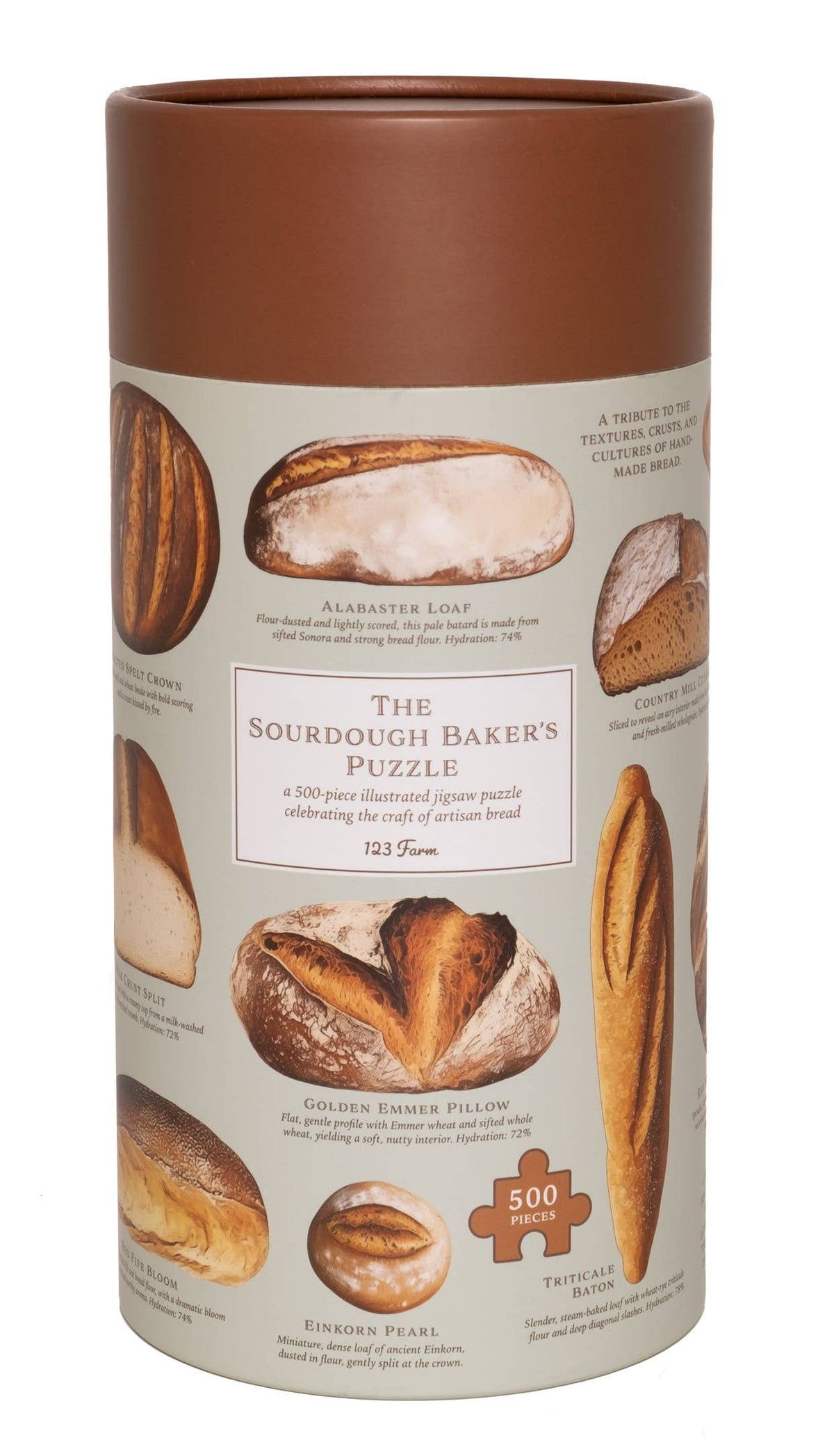 Cylindrical packaging for 'The Sourdough Baker's Puzzle' with images of bread on a white background