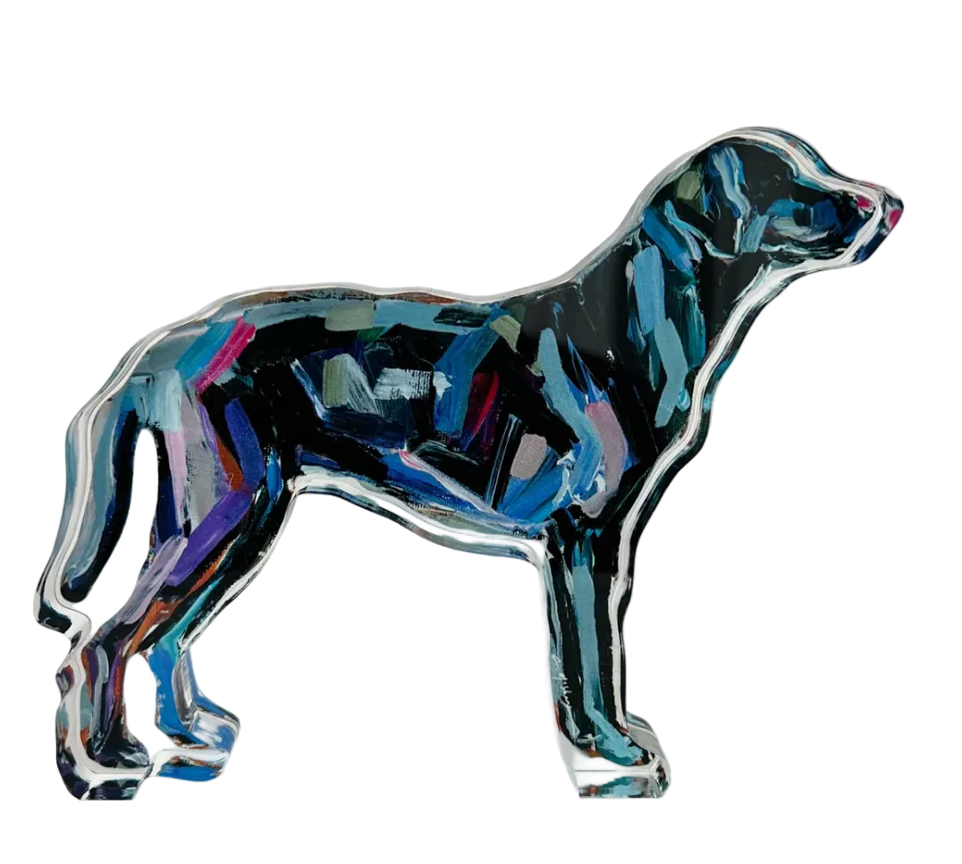 A multicolored acrylic sculpture of a black lab dog on a white background