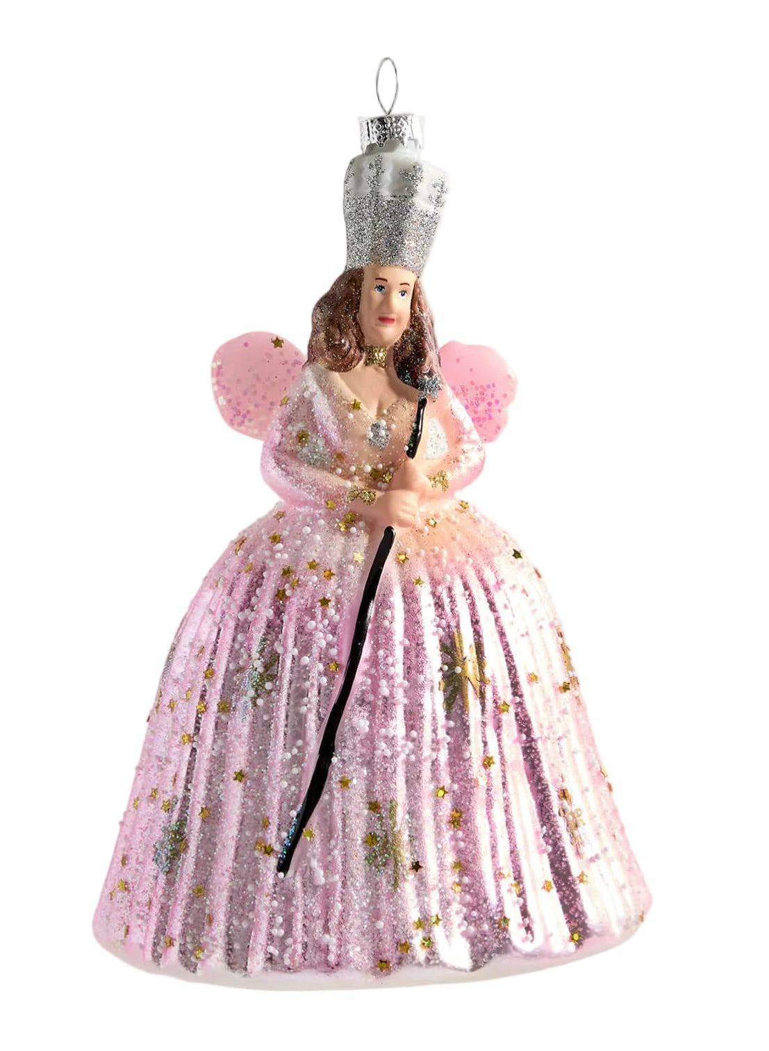 Decorative fairy ornament with a pink dress and silver tiara on a white background