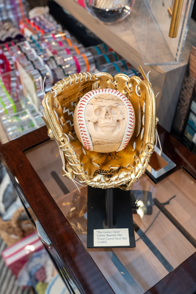 Golden Baseball Mitt & Wood Carved Skull Baseball with Stand