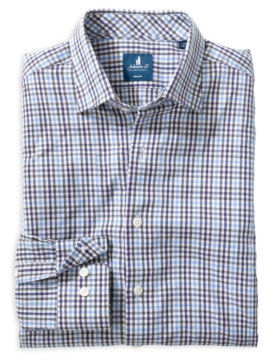A folded long-sleeve dress shirt with a blue, white, and brown gingham pattern, featuring a button-down front and a brand label on the collar.