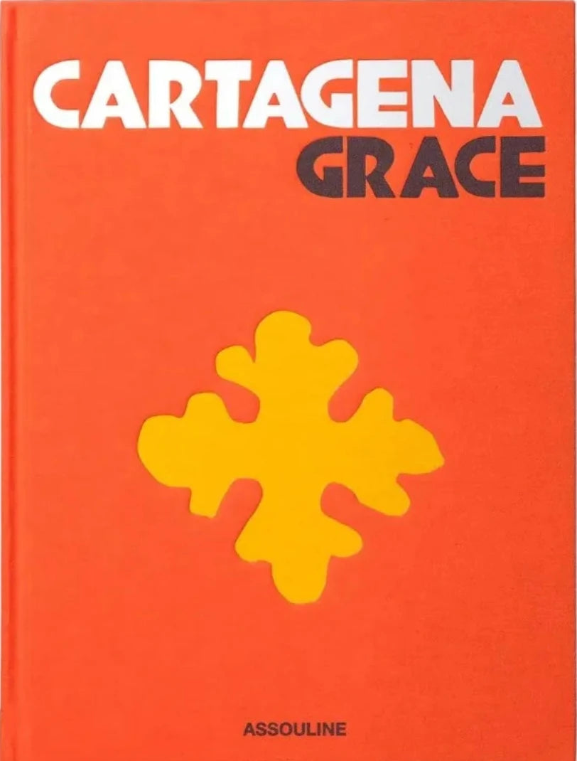 Book cover with 'Cartagena Grace' text and a yellow abstract design on an orange background