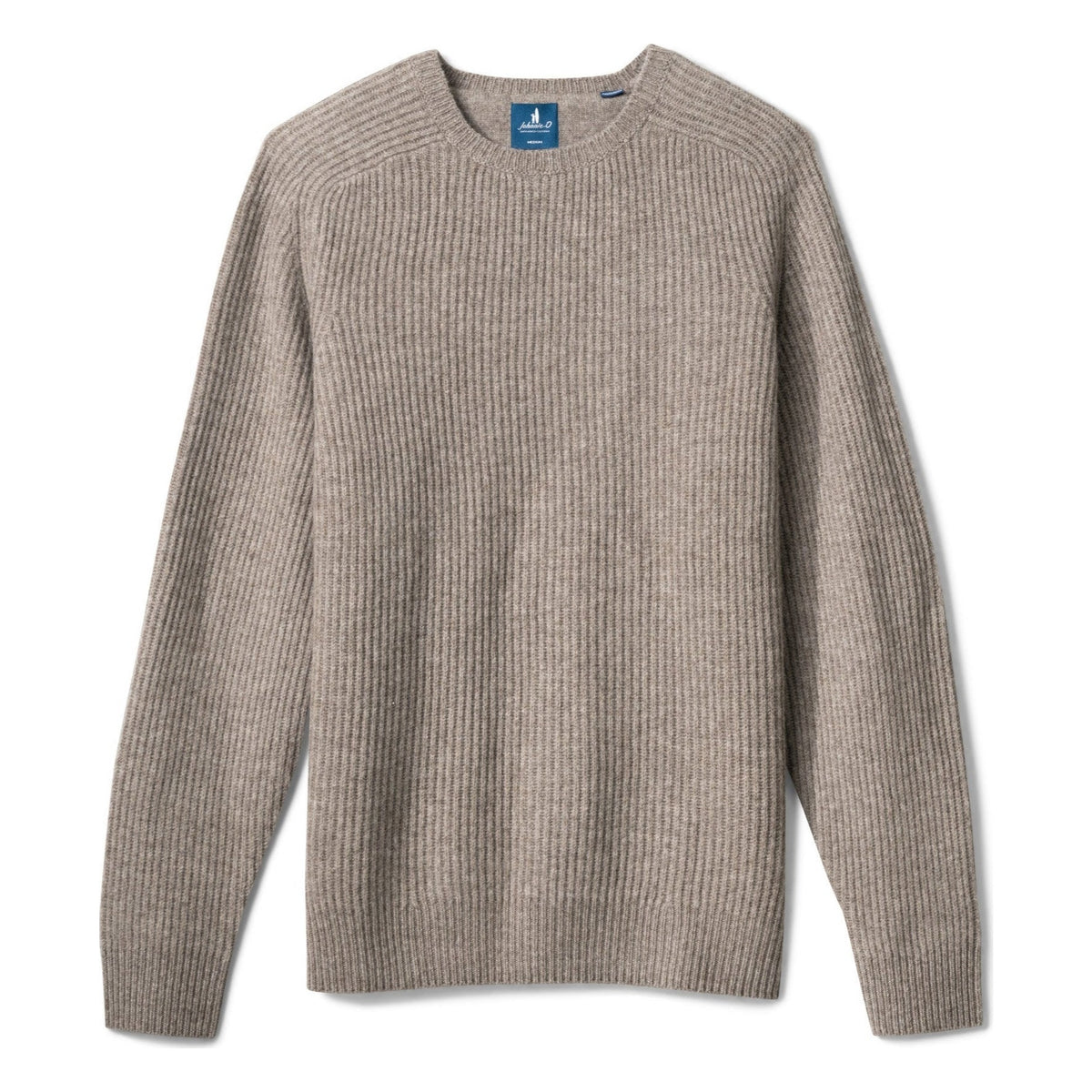 A ribbed knit crewneck sweater in a heathered taupe-beige color, shown flat against a white background. A small blue tag is visible inside the collar.