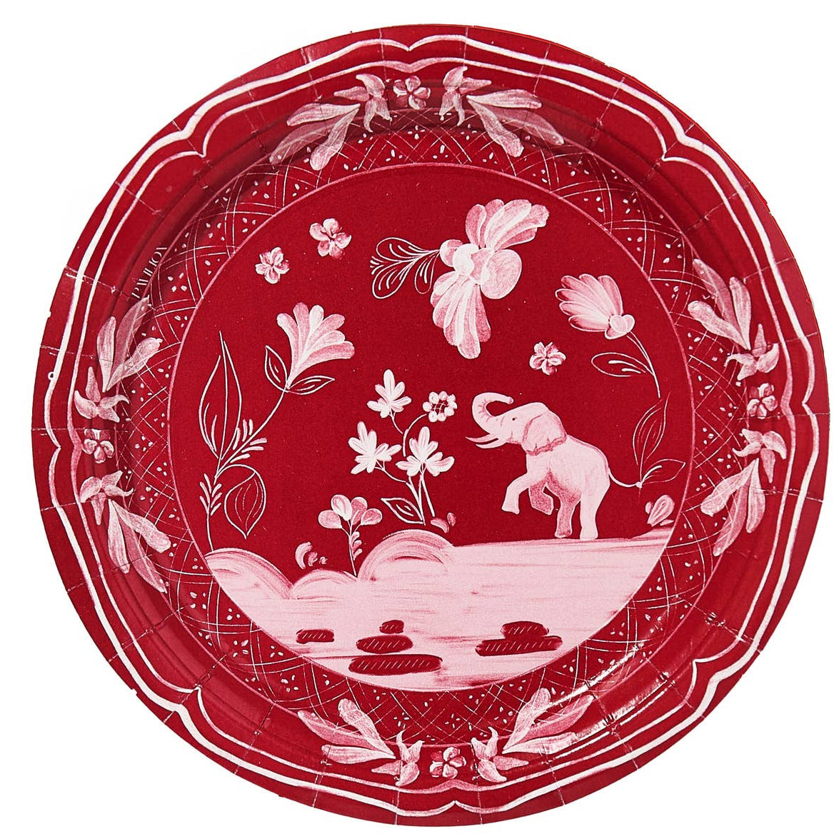 A round red paper plate with a vintage-style white illustration featuring an elephant, flowers, and botanical patterns.