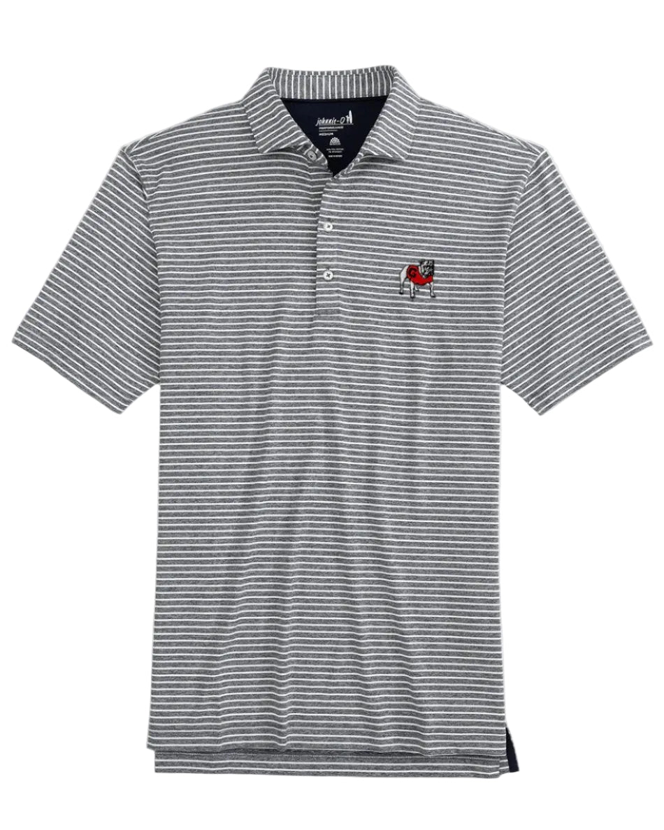 A black and gray striped performance polo with a collar, embroidered logo at the back neck, and three buttons down the front.