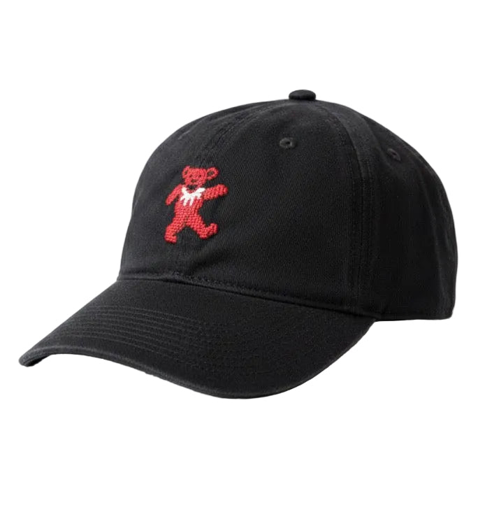 Black cap with a red bear logo on a white background