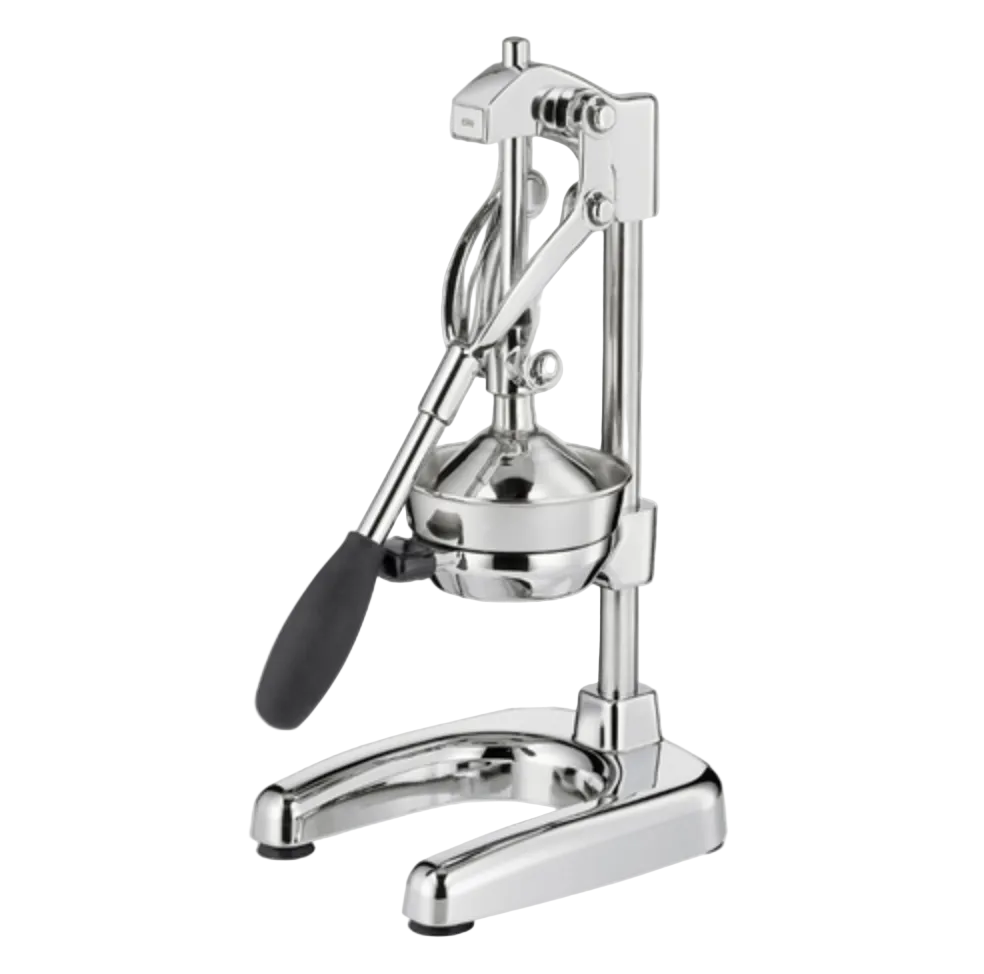 Manual juicer with a metallic finish on a white background