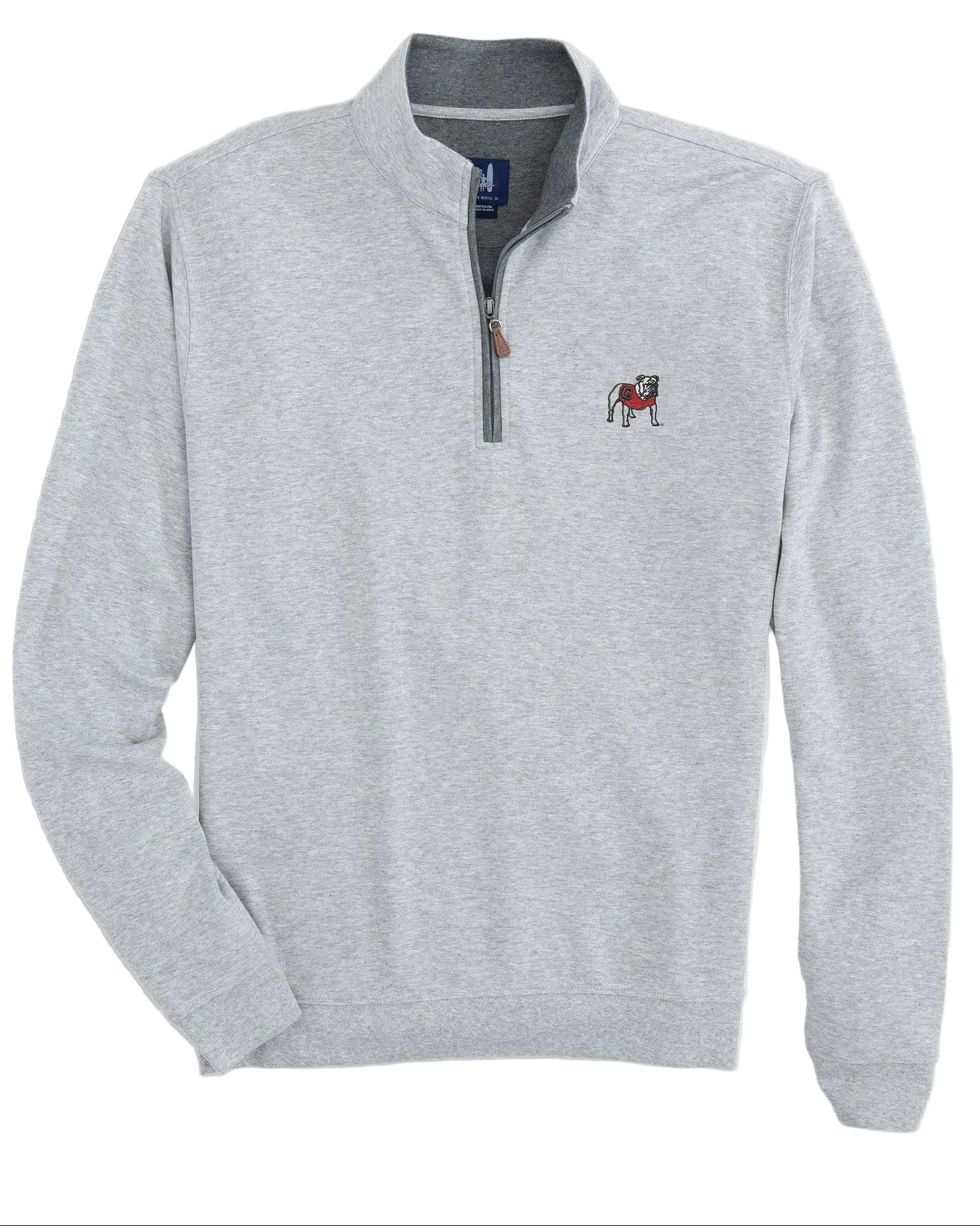 A light gray 1/4 zip pullover with a contrasting white interior collar, featuring a small embroidered logo at the center back neck and a leather puller.