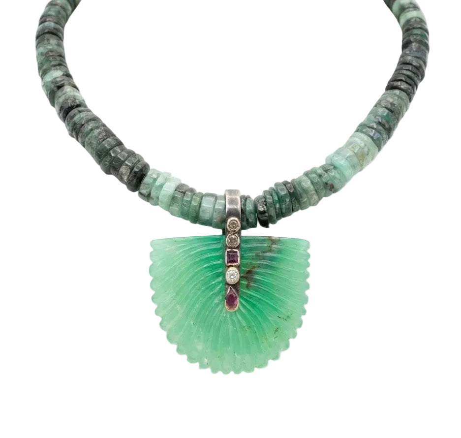 Chrysoprase Necklace with green shell pendant and beaded chain on a white background