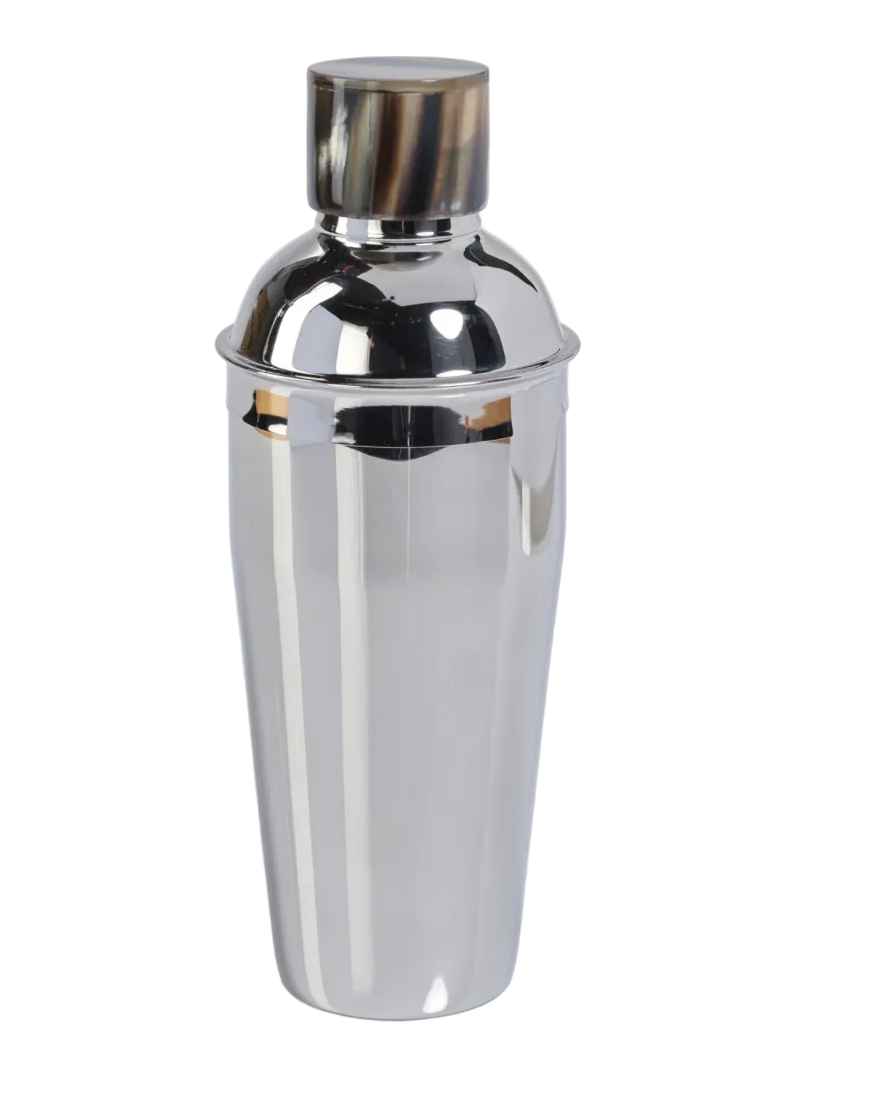 A polished nickel finish cocktail shaker with a horn cap.