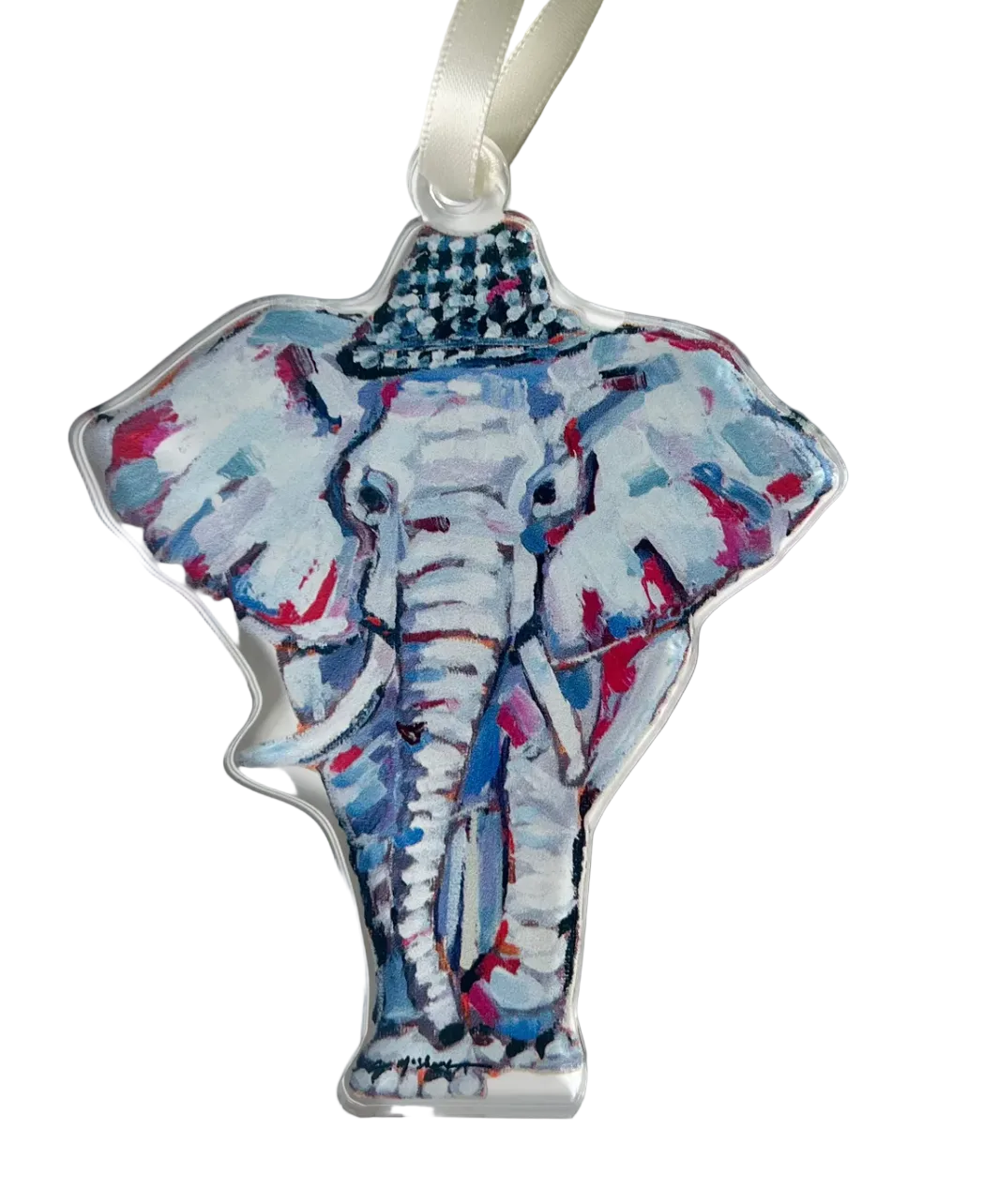 A multicolored acrylic ornament depicting a stylized elephant with a checkered pattern on the head.