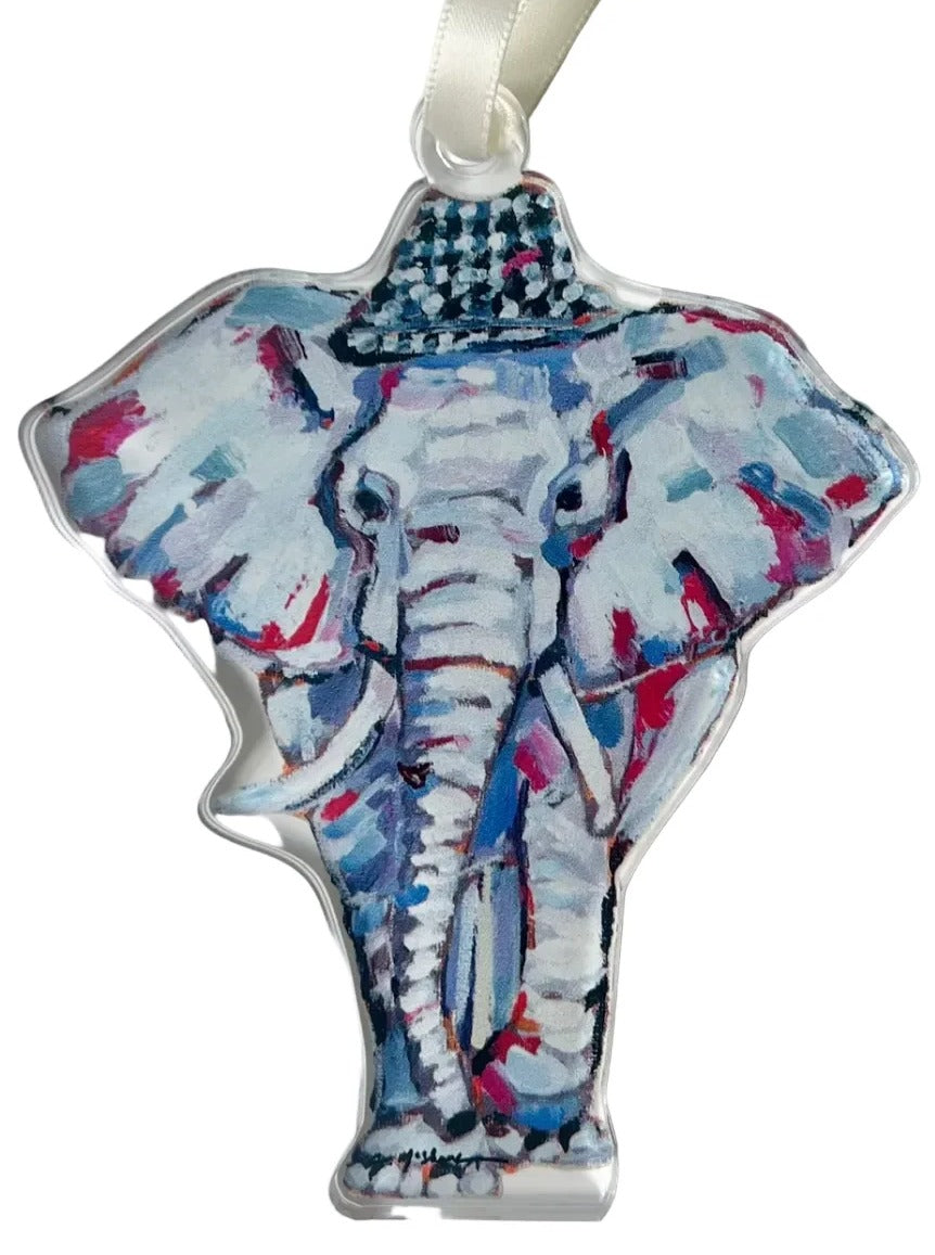 A multicolored acrylic ornament depicting a stylized elephant with a checkered pattern on the head.