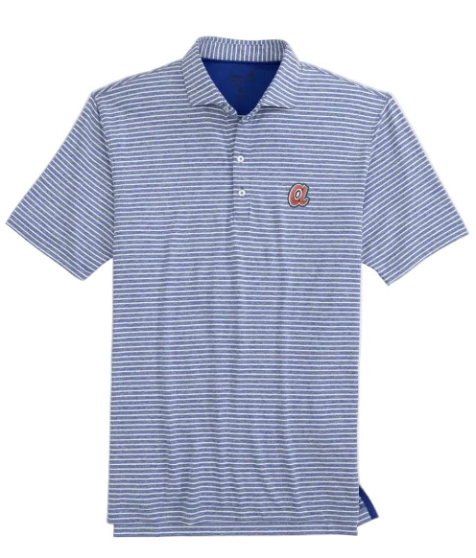 A striped royal blue and white polo shirt with a logo on the chest, short sleeves, and a collar.