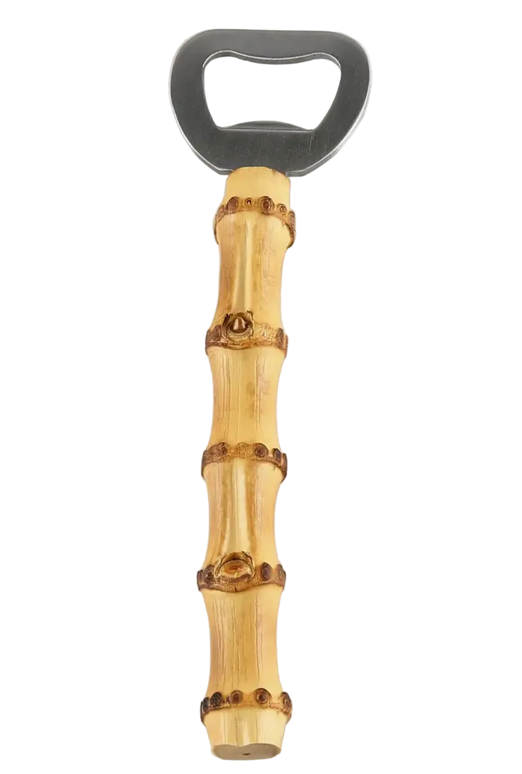 A bottle opener with a bamboo handle and metal opener.