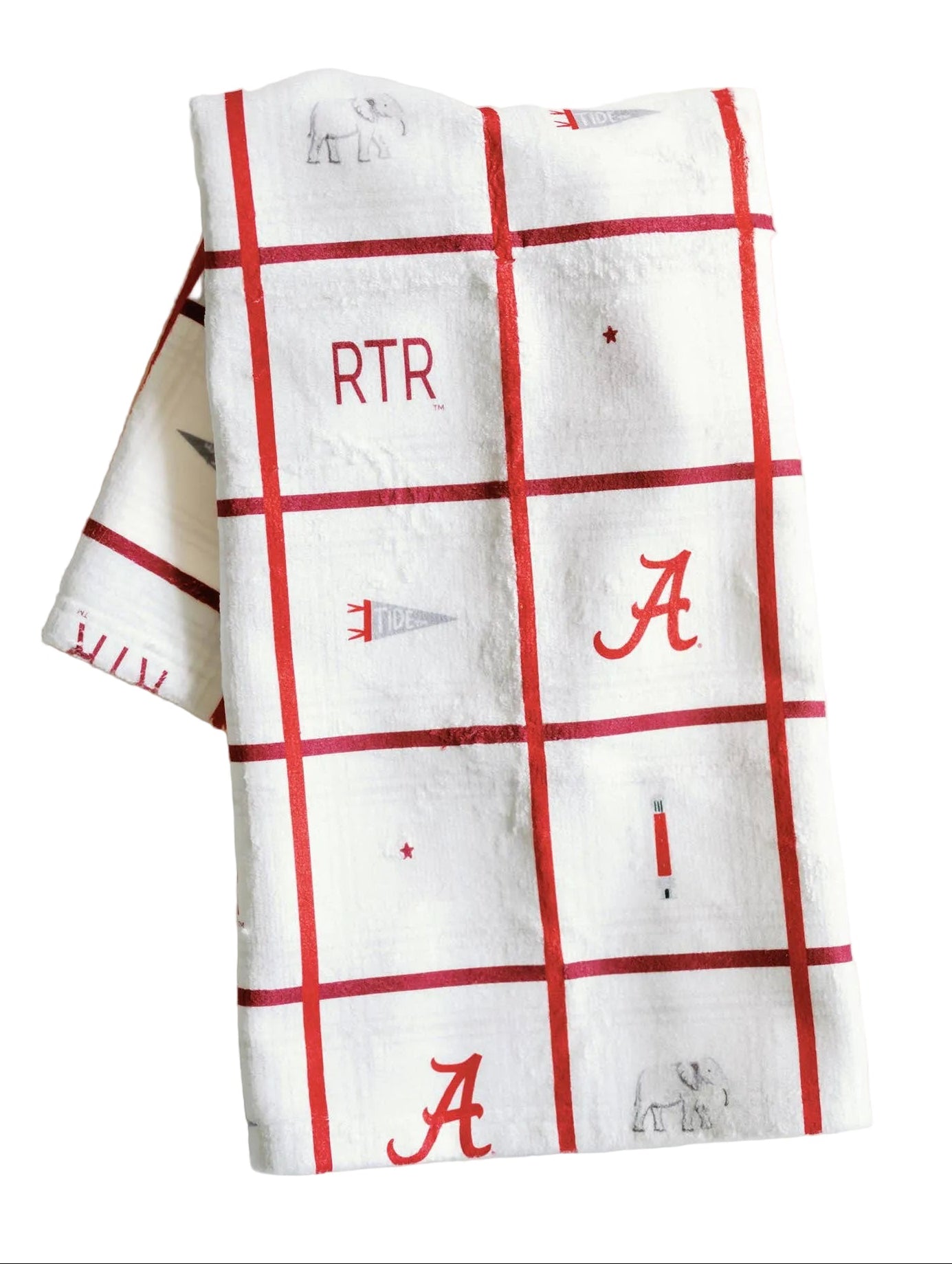White Alabama towel with red grid pattern Roll Tide Roll and 'RTR' and 'A' logos on a white background