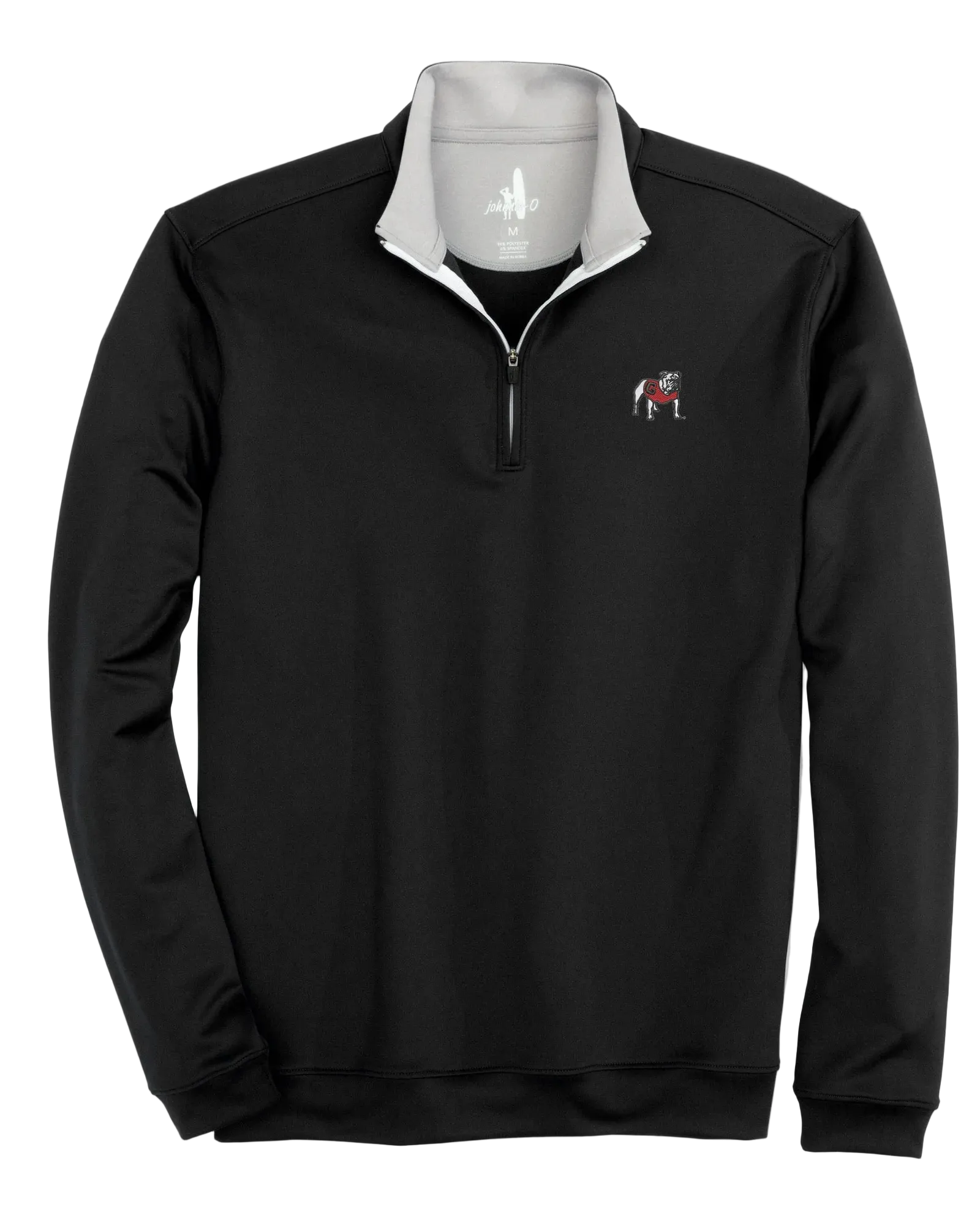 A black lightweight quarter zip pullover with a red and white logo on the chest and a contrasting white collar.