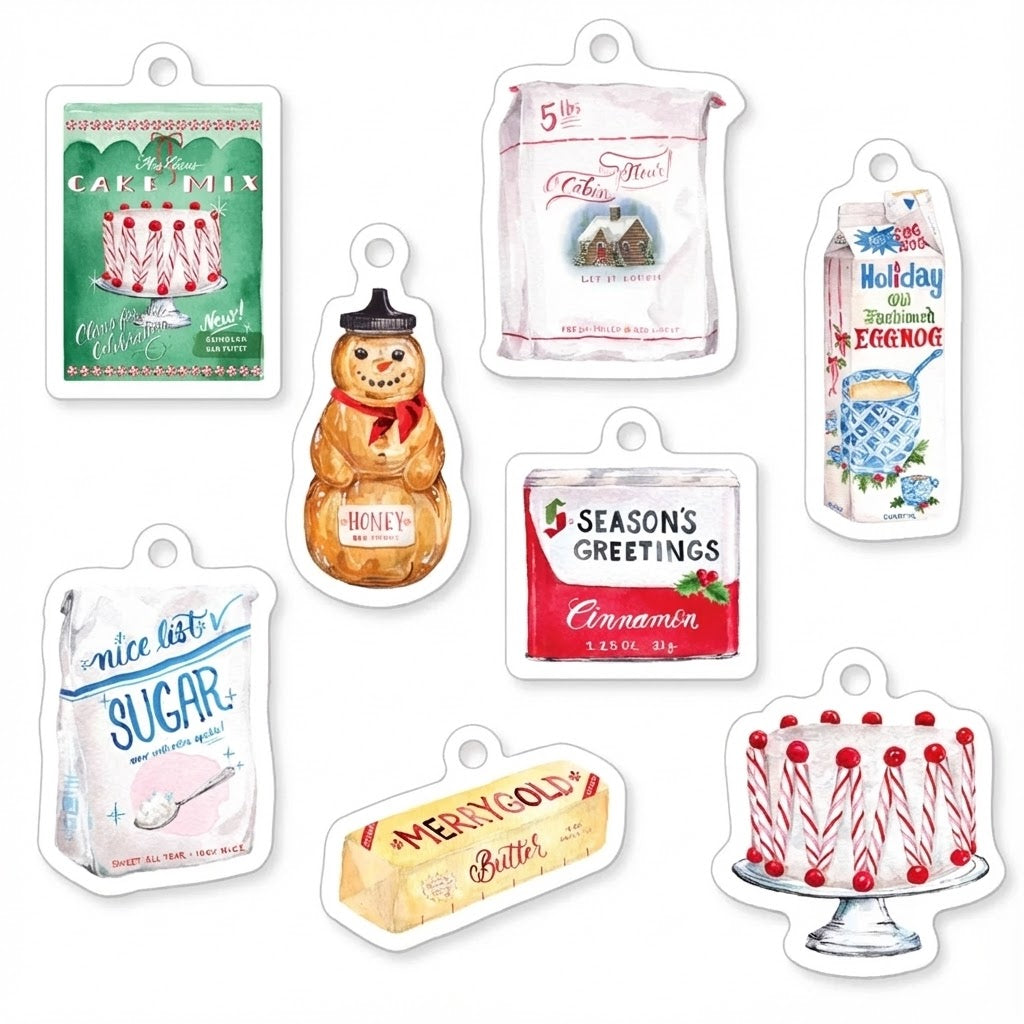 Set of food Christmas-themed product packaging gift tags on a white background