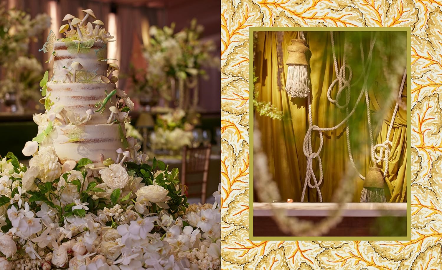 Decorative cake with flowers and a decorative frame with greenery and a light fixture.
