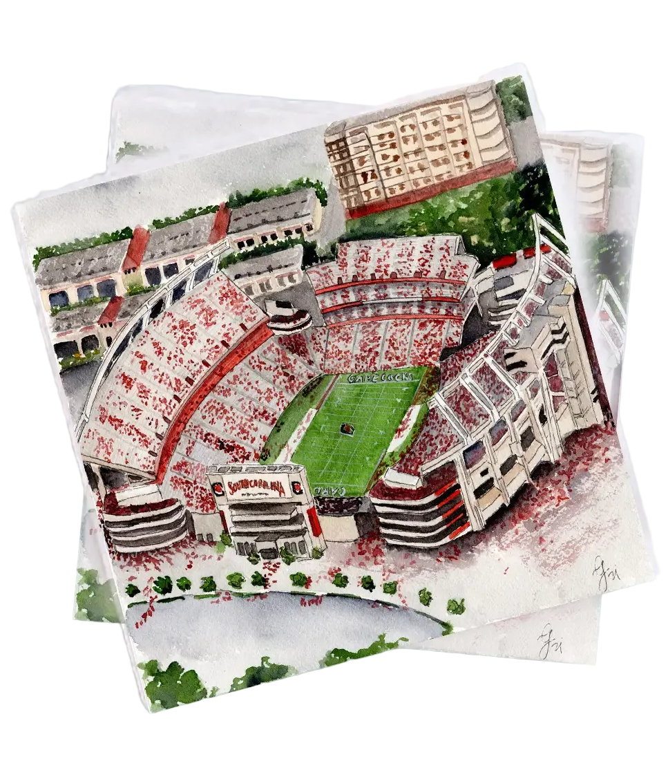 Two cards with a detailed illustration of a stadium on a light blue background