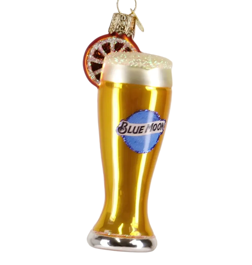 Decorative glass beer glass ornament with Blue Moon logo on a white background