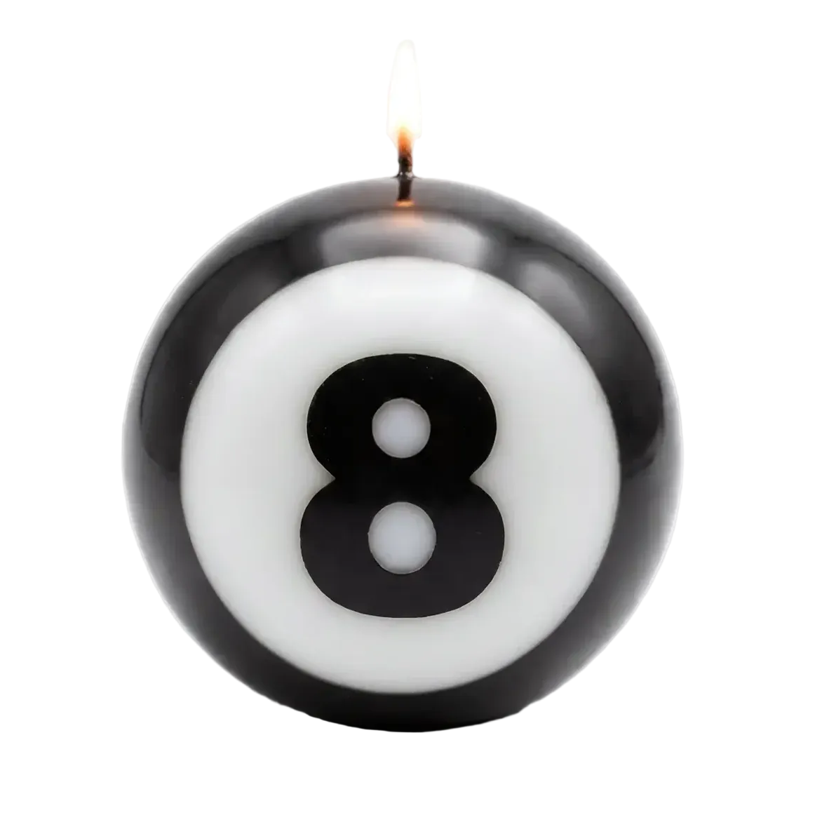Candle shaped like an eight-ball on a white background