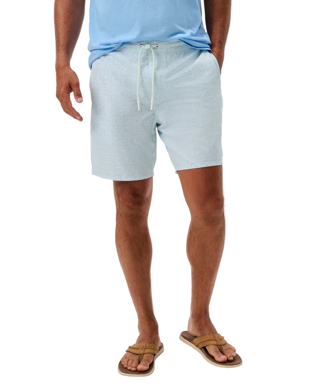 Person wearing light blue shorts and a blue shirt on a white background