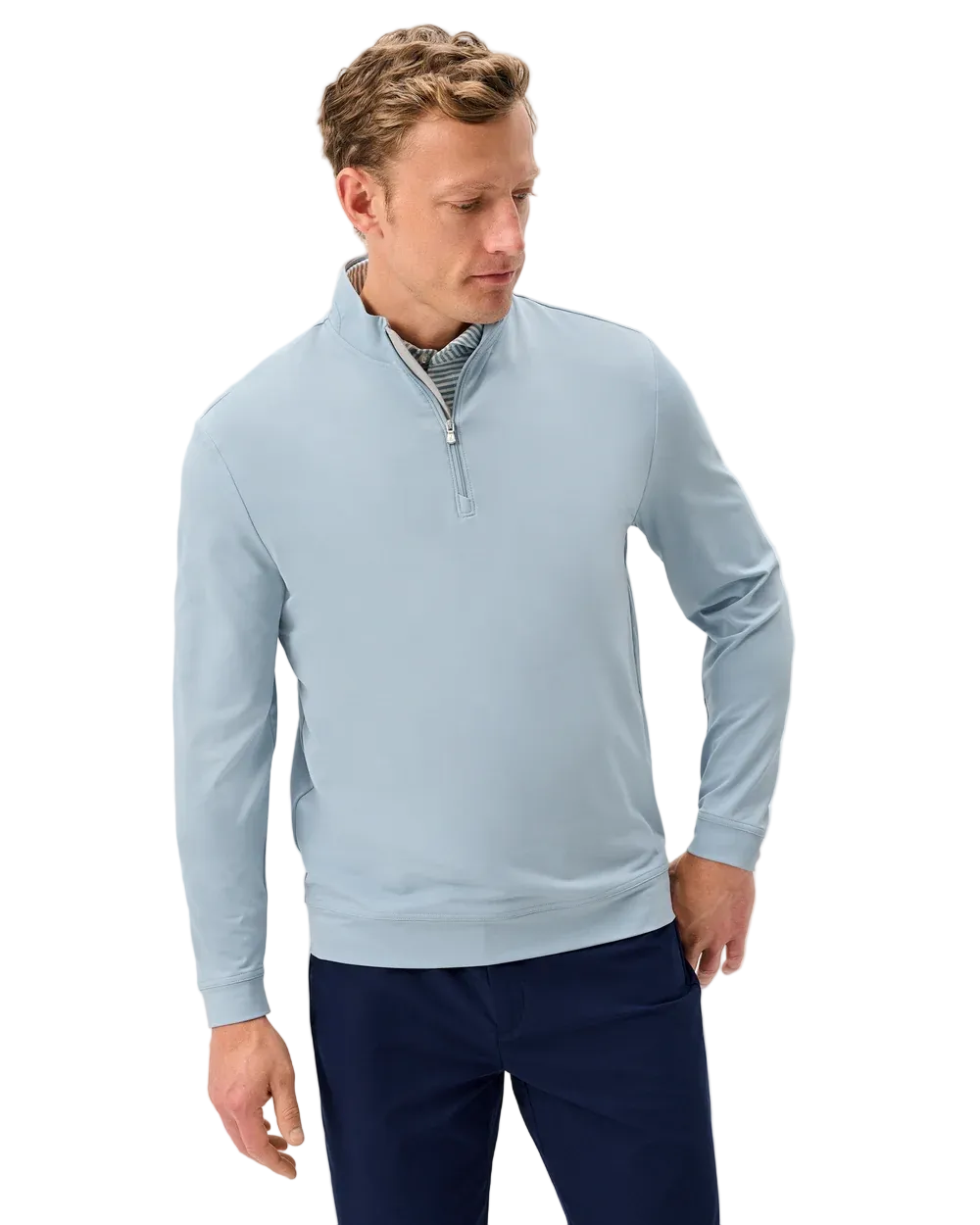 Man wearing a light blue pullover with a quarter zip on a white background