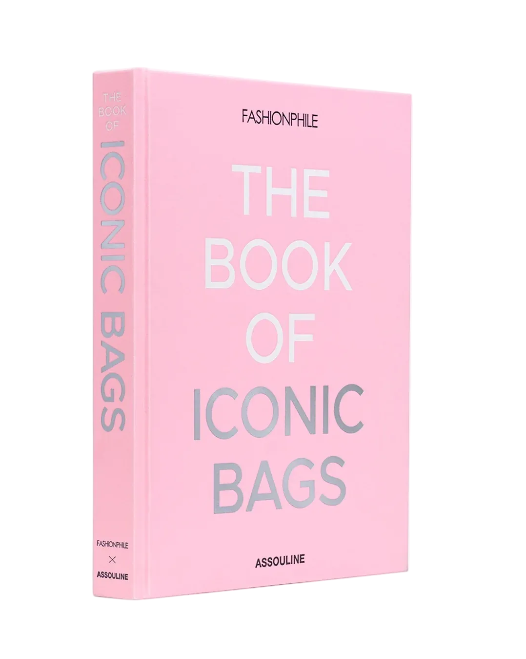 Pink book titled 'The Book of Iconic Bags' by Assouline on a white background