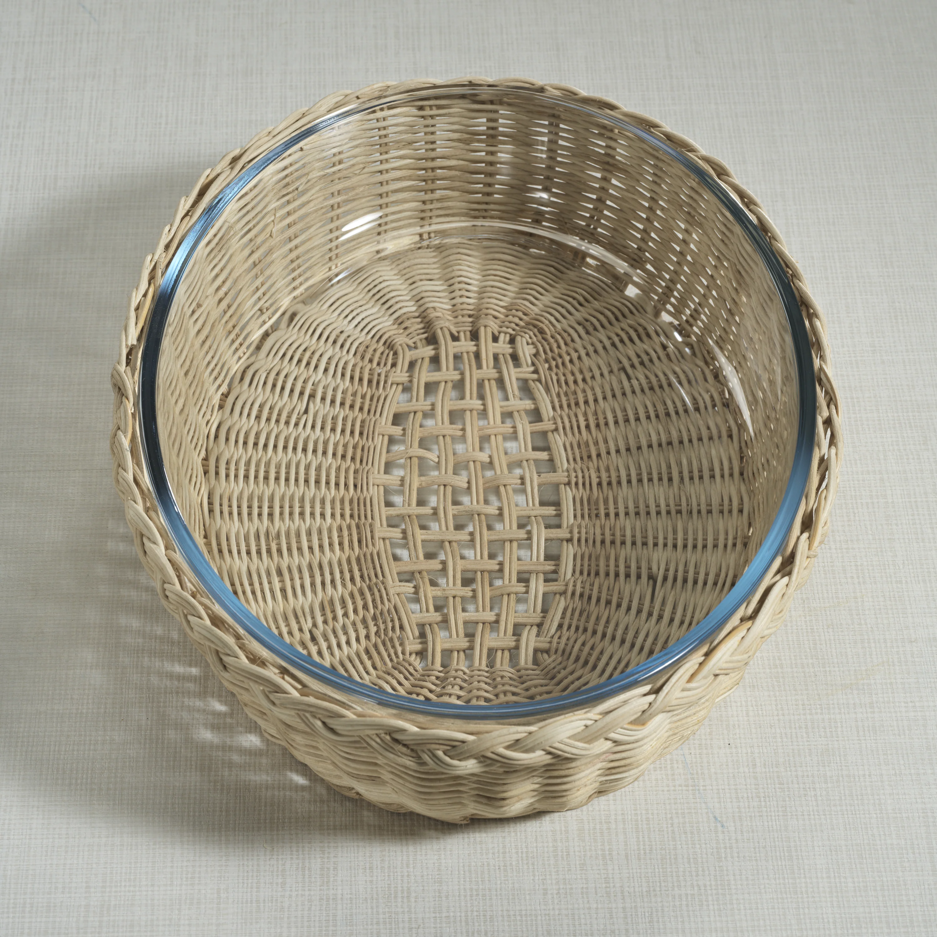 The Palmier Oval Glass Bowl in Woven Rattan Basket - Large