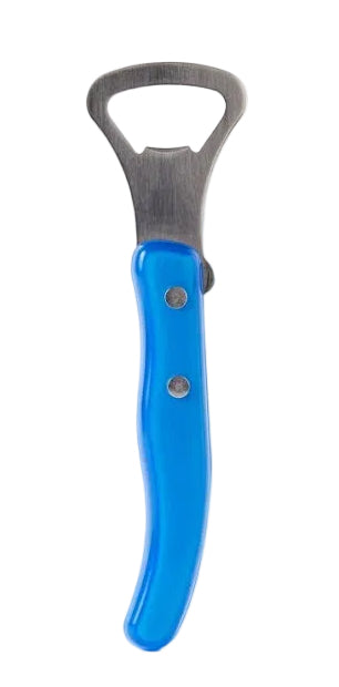 A bottle opener with a bright blue handle and a silver metal loop, standing upright on a clean white background.