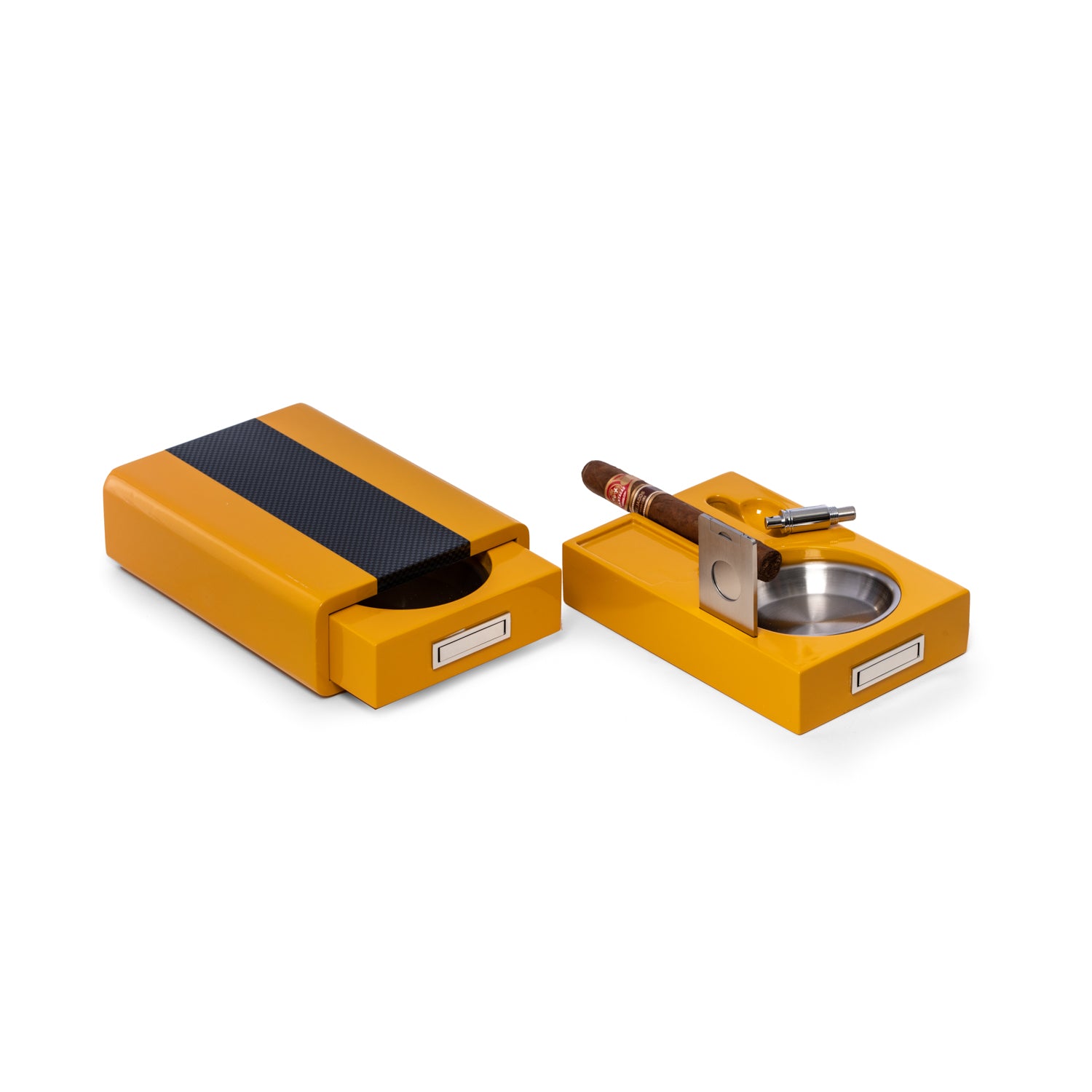 Cigar Ashtray & Cutter - Yellow and Carbon Fiber