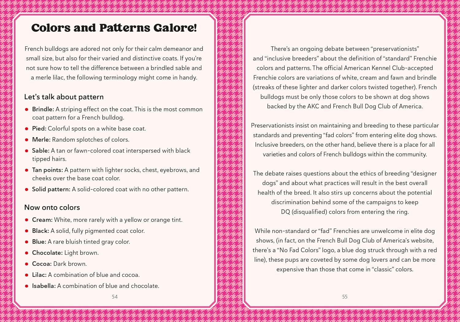 Brochure with text on French Bulldog patterns and colors on a pink background