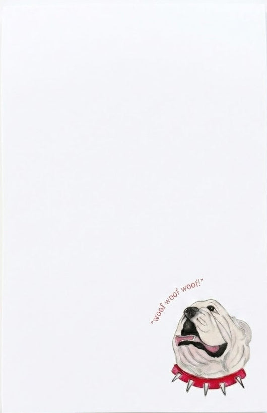 Notebook with a bulldog illustration and text on a white background
