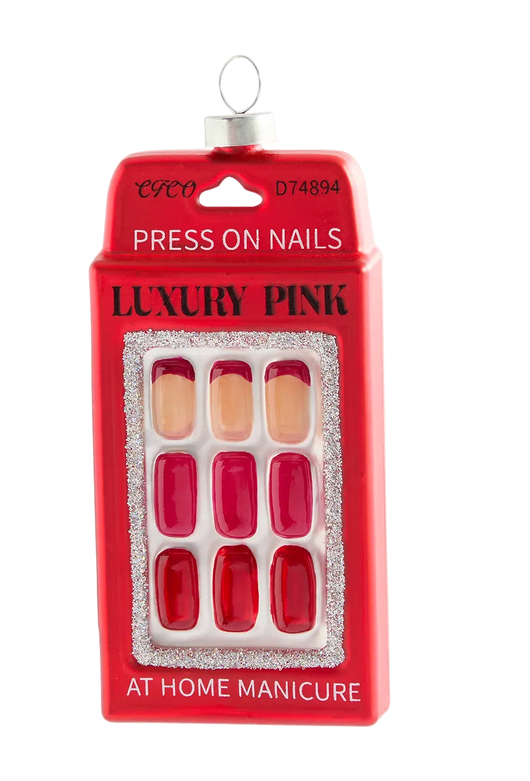 Pack of press-on nails in pink color with a red packaging on a white background