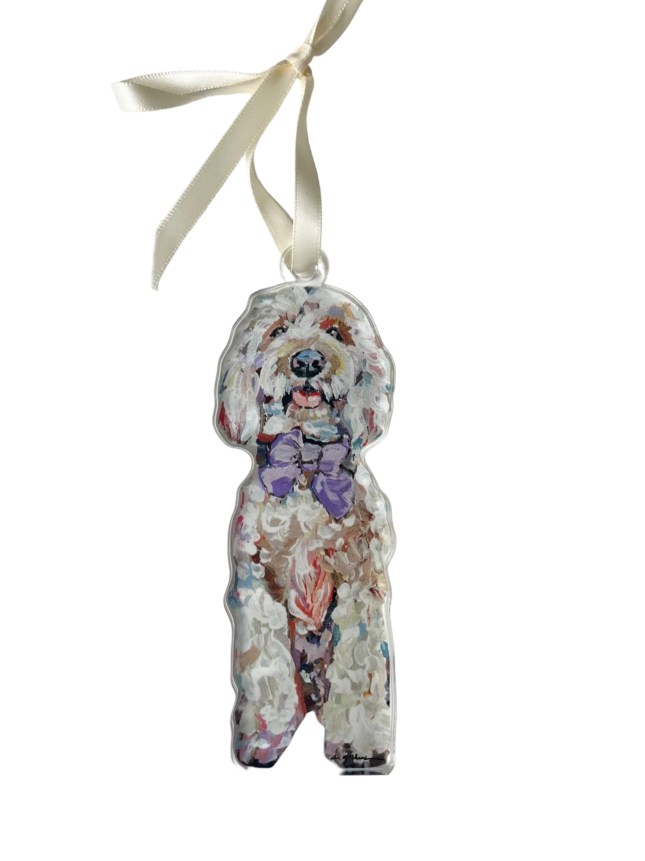 Decorative ornament of a dog with a bow tie on a white background
