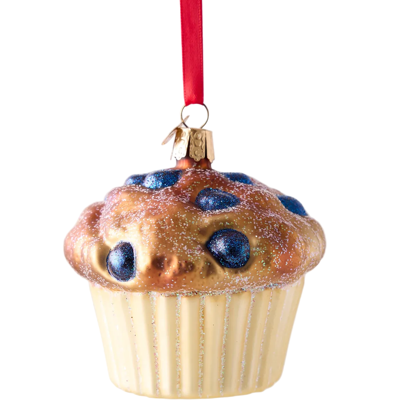 A cupcake-shaped hanging ornament with a cream-colored fluted wrapper, golden-brown frosting, blueberry details, and a red hanging ribbon against a light gray background.