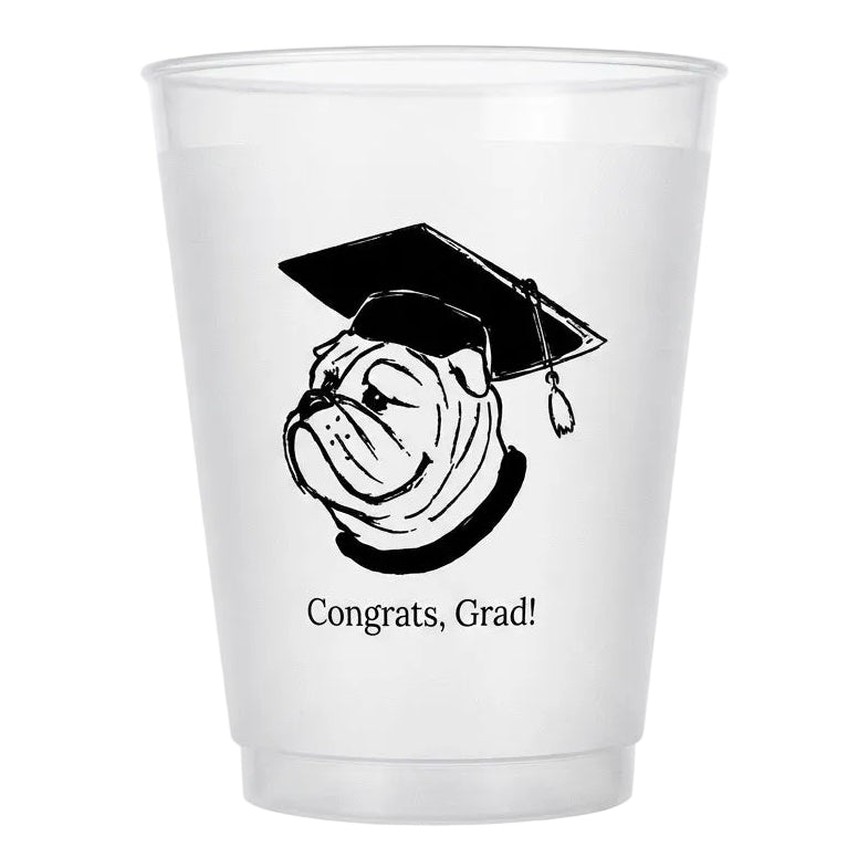 Clear plastic cup with a bulldog wearing a graduation cap and 'Congrats, Grad!' text on a white background
