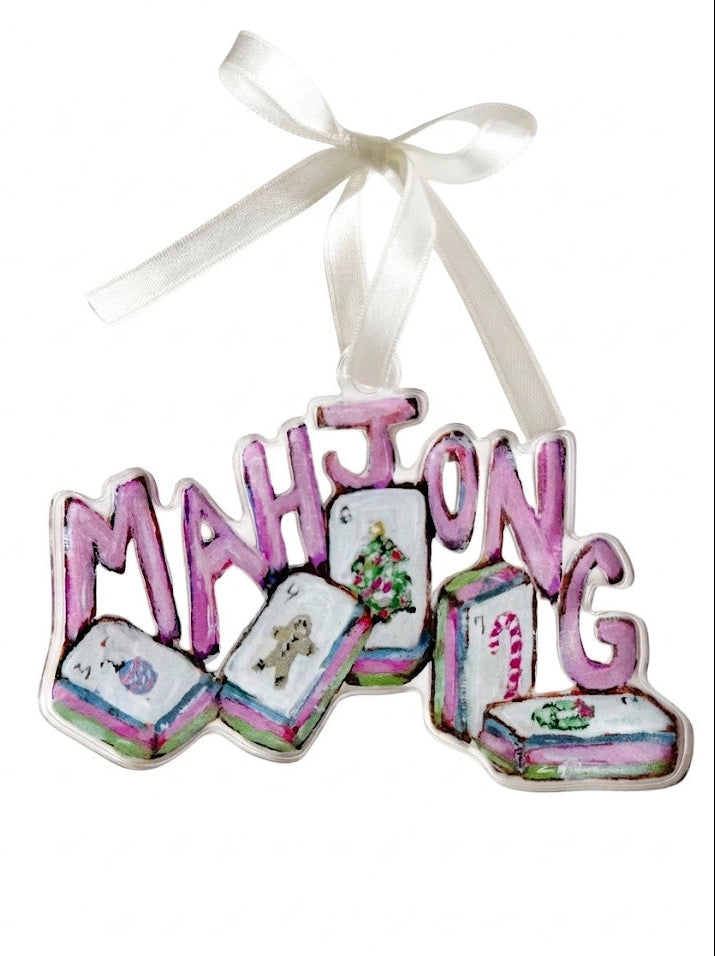 Decorative ornament with 'MAHJONG' text and tile design on a white background
