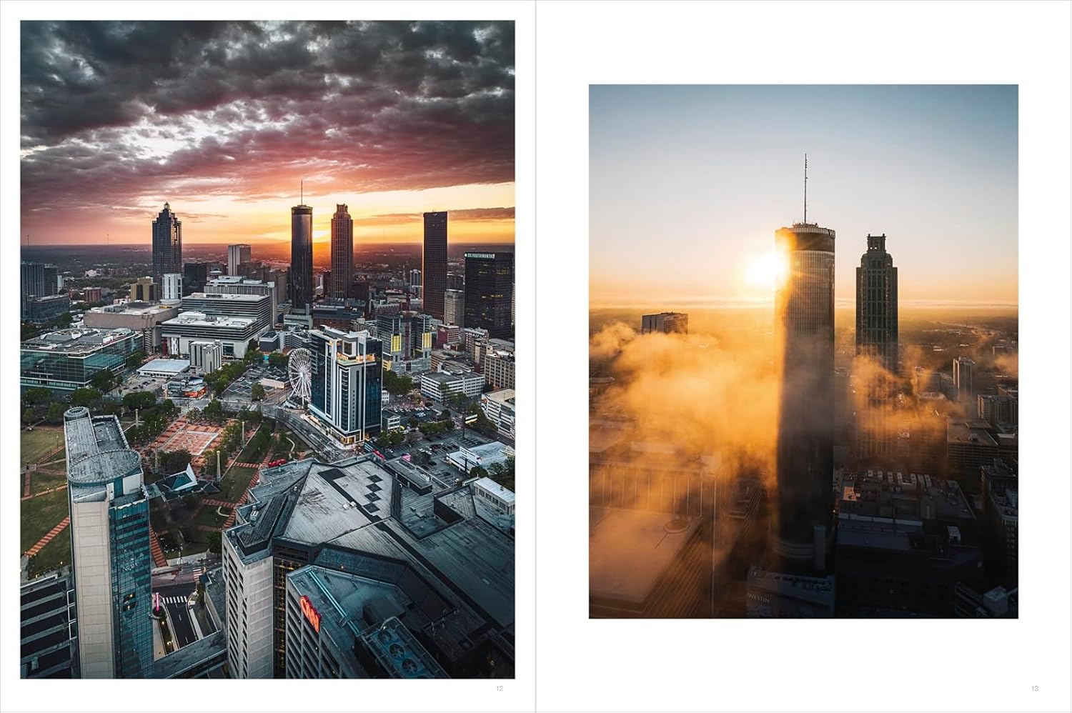 Two cityscape images: one with a sunset and the other with foggy conditions.