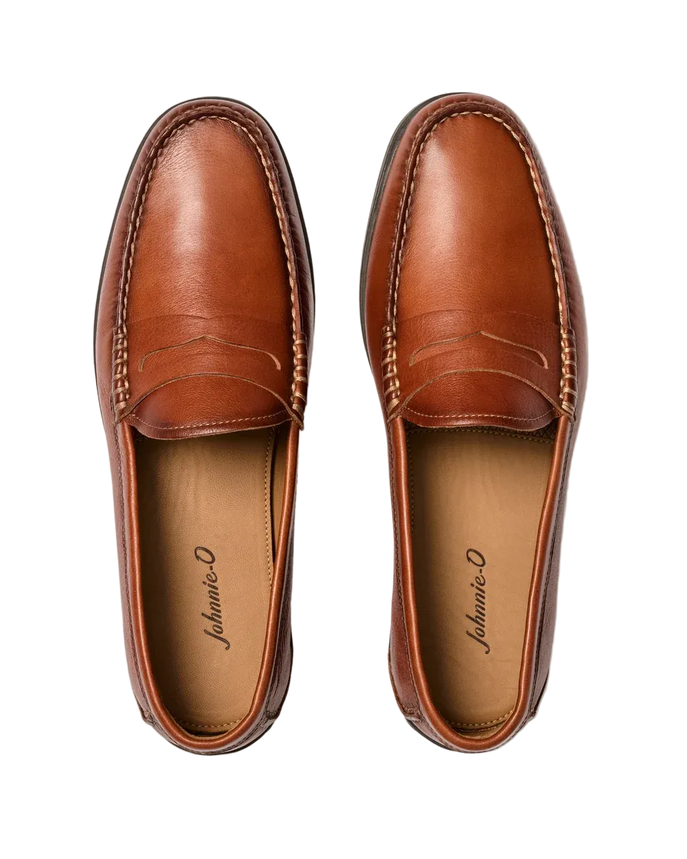 A pair of Johanni-O brown leather penny loafers shown from a top-down view on a light gray background.