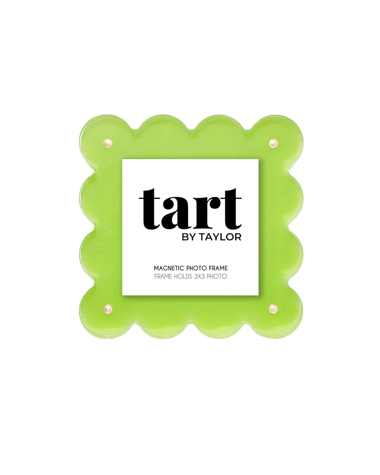 Green magnetic photo frame with 'tart by Taylor' branding on a white background
