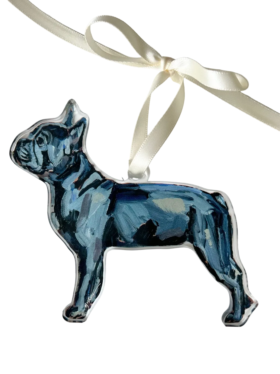 Blue ceramic bulldog ornament with a white ribbon on a light gray background